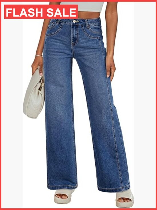 Denim - Wide Leg Jeans for Women High Waisted Stretchy Straight Leg Patchwork Denim